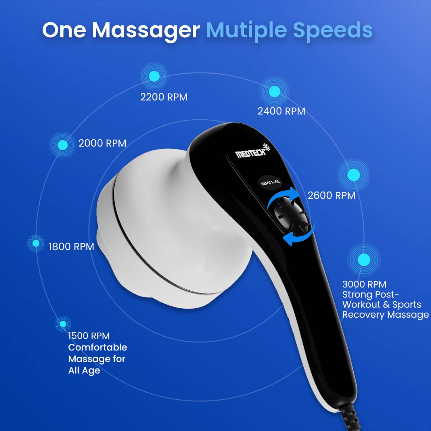 Medtech Manipol Electric Handheld Body Massager 4 Heads Adjustable Speed Massager For Back Foot Leg