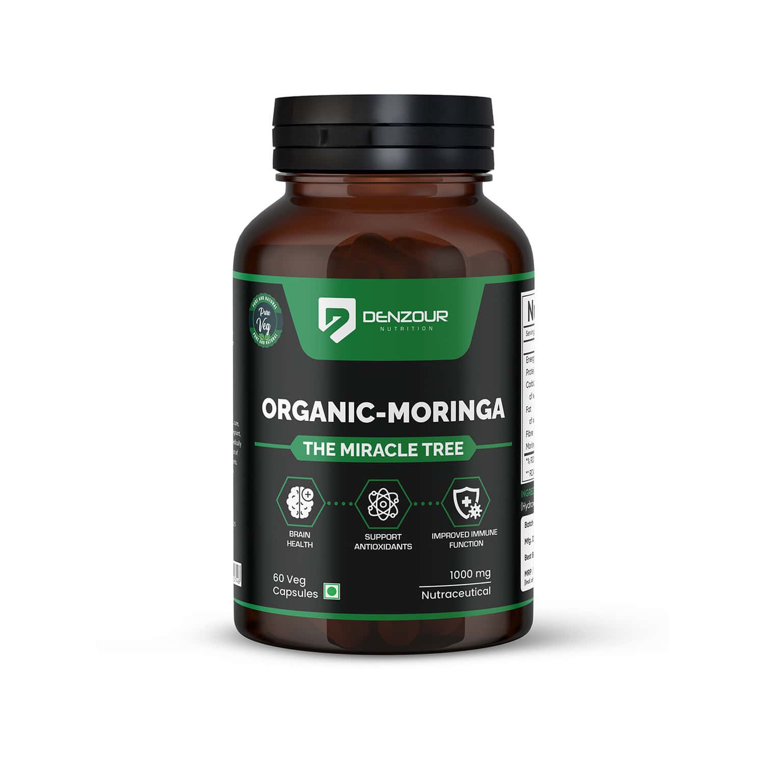 Denzour Nutrition Organic Moringa 1000mg | Brain Function | Immunity & Digestion | 60 Veg Capsules