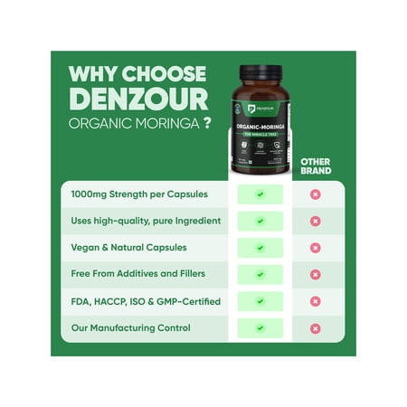 Denzour Nutrition Organic Moringa 1000Mg | Brain Function | Immunity & Digestion | 60 Veg Capsules