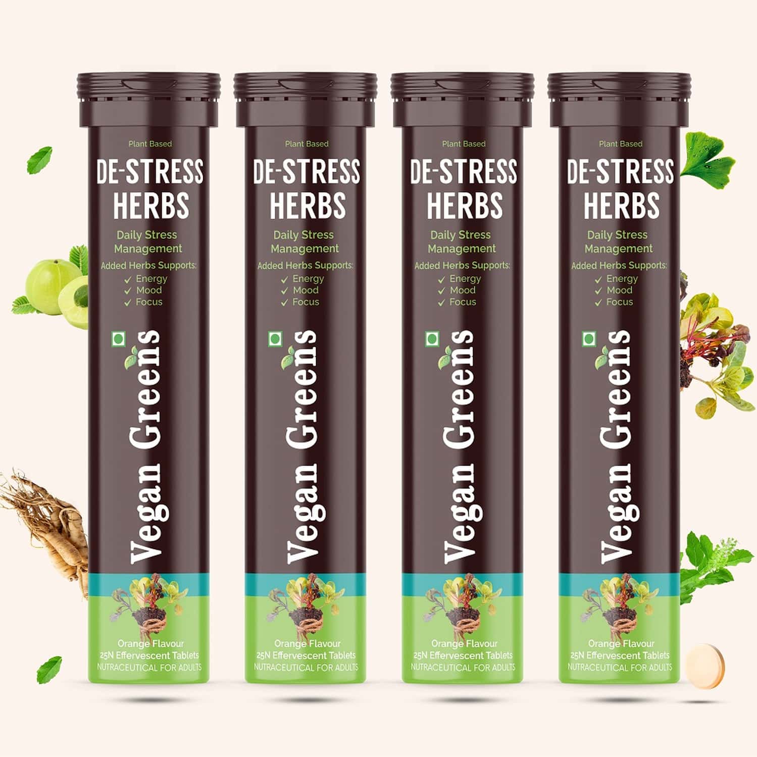 Vegan Greens Plant Based De-stress Ayurvedic Natural Herbs Daily Stress Management 100 Effer.,orange