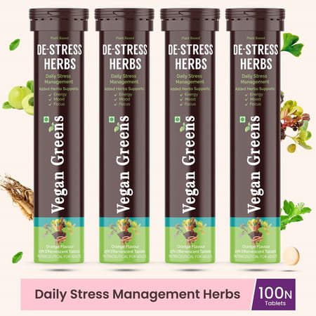 Vegan Greens Plant Based De-Stress Ayurvedic Natural Herbs Daily Stress Management 100 Effer.,Orange