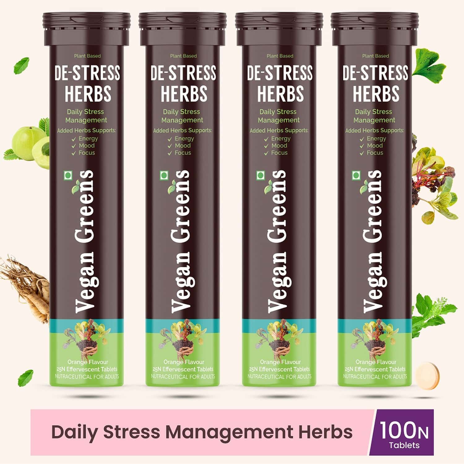 Vegan Greens Plant Based De-stress Ayurvedic Natural Herbs Daily Stress Management 100 Effer.,orange