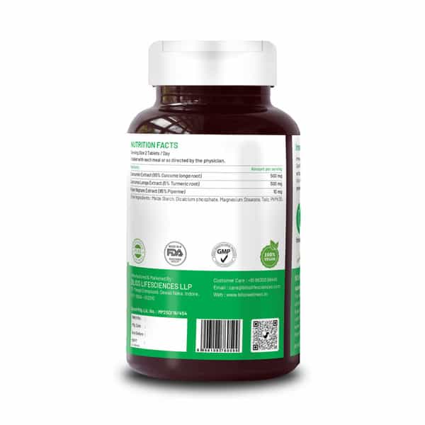 Bliss Welness Pure Curcumin Biopiperine Tablets | For Heart | Brain & Joint Health | 60 Tablets