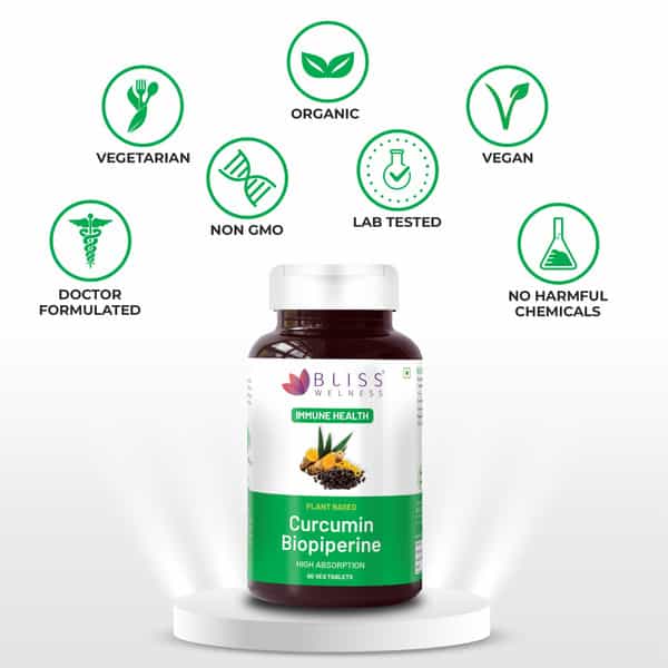 Bliss Welness Pure Curcumin Biopiperine Tablets | For Heart | Brain & Joint Health | 60 Tablets