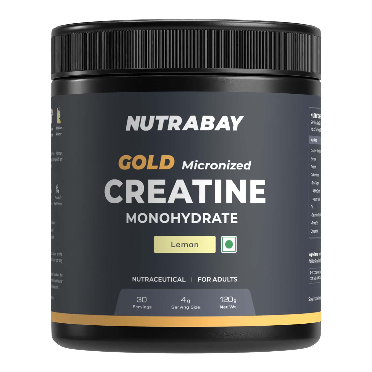 Nutrabay Gold Micronised Creatine Monohydrate Powder | Nabl Lab Tested | 3g/serving - 120g (lemon)