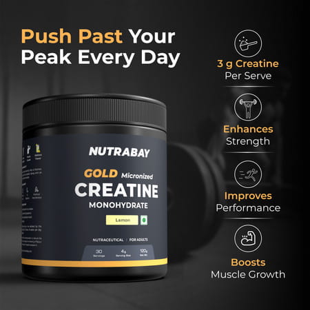 Nutrabay Gold Micronised Creatine Monohydrate Powder | Nabl Lab Tested | 3G/Serving - 120G (Lemon)