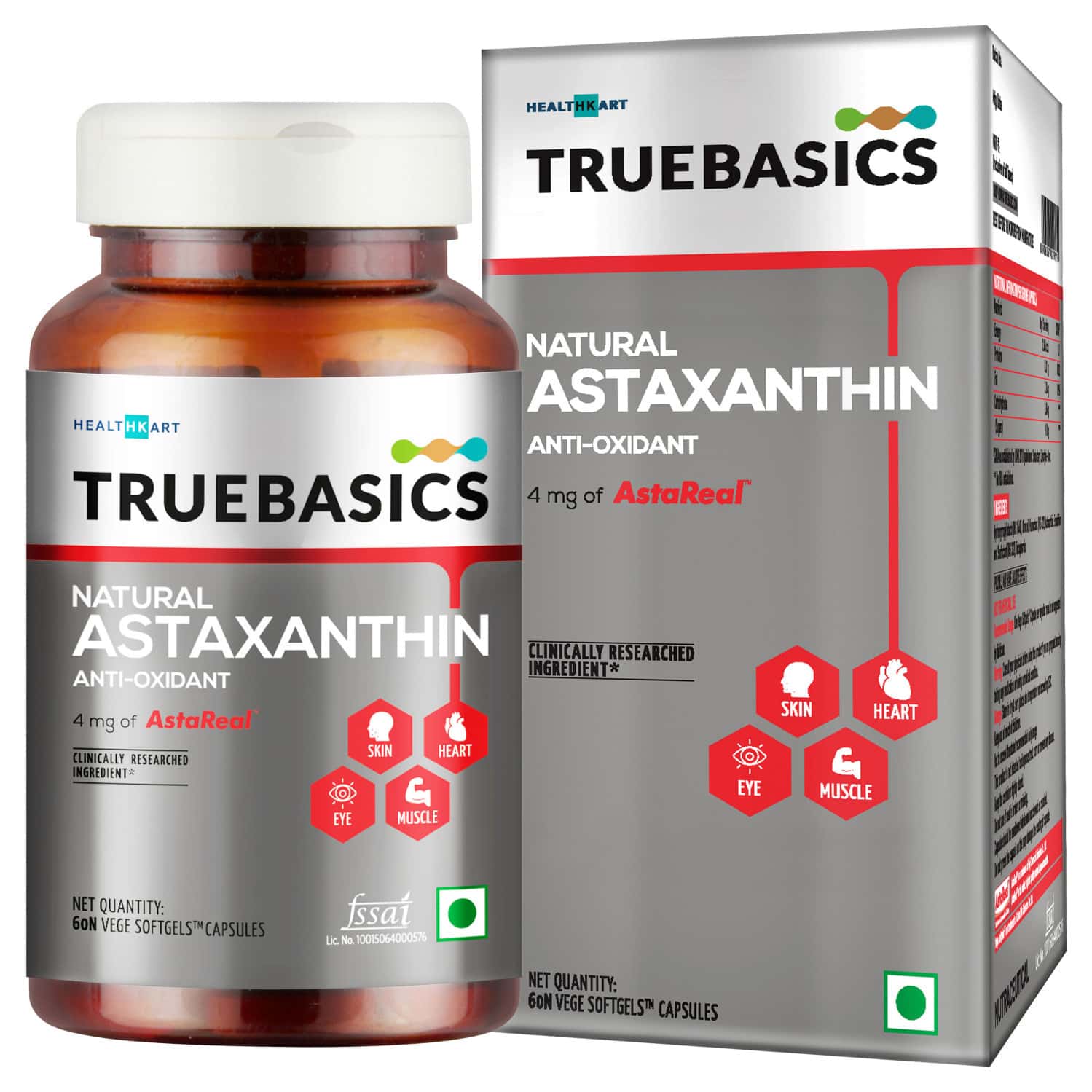 Truebasics Astaxanthin | 4mg Astareal | Super Anti-Oxidant For Energy, Eyes & Skin | 60 Veg Capsules