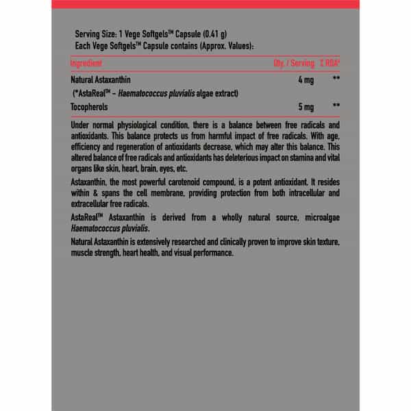 Truebasics Astaxanthin | 4Mg Astareal | Super Anti-Oxidant For Energy, Eyes & Skin | 60 Veg Capsules