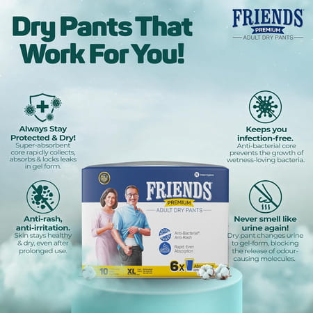 Friends Premium Adult Dry Pants Xl Pant Style 6X Absorption Upto 12Hrs Size 30-56 Inch 10 Diapers