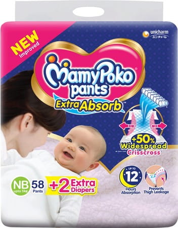 Mamypoko Pants Extra Absorb Diapers (New Born) Upto 5 Kg - 60 Diapers