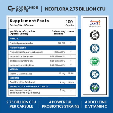 Carbamide Forte Probiotics Supplement 2.75 Billion For Women & Men-100 Capsules