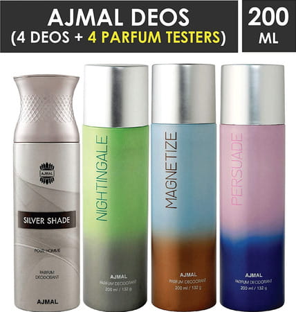 Ajmal 1 Silver Shade For Men 1 Nightingale 1 Magnetize 1 Persuade For Unisex Deodorant Combo Pack 4