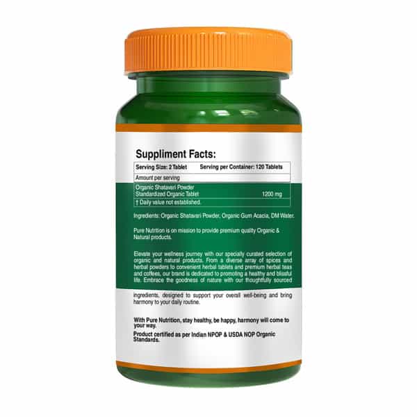 Pure Nutrition Shatavari Tablets | 100% Natural | Boosts Immunity & Antioxidant - 60 Veg Tablets