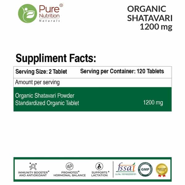 Pure Nutrition Shatavari Tablets | 100% Natural | Boosts Immunity & Antioxidant - 60 Veg Tablets