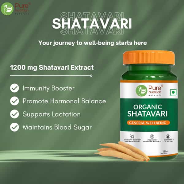 Pure Nutrition Shatavari Tablets | 100% Natural | Boosts Immunity & Antioxidant - 60 Veg Tablets