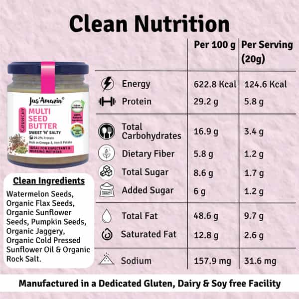 Jus Amazin Crunchy Seed Butter Mixed Seeds With Flax & Sunflower Seeds -200 G|85% Mixed Seeds