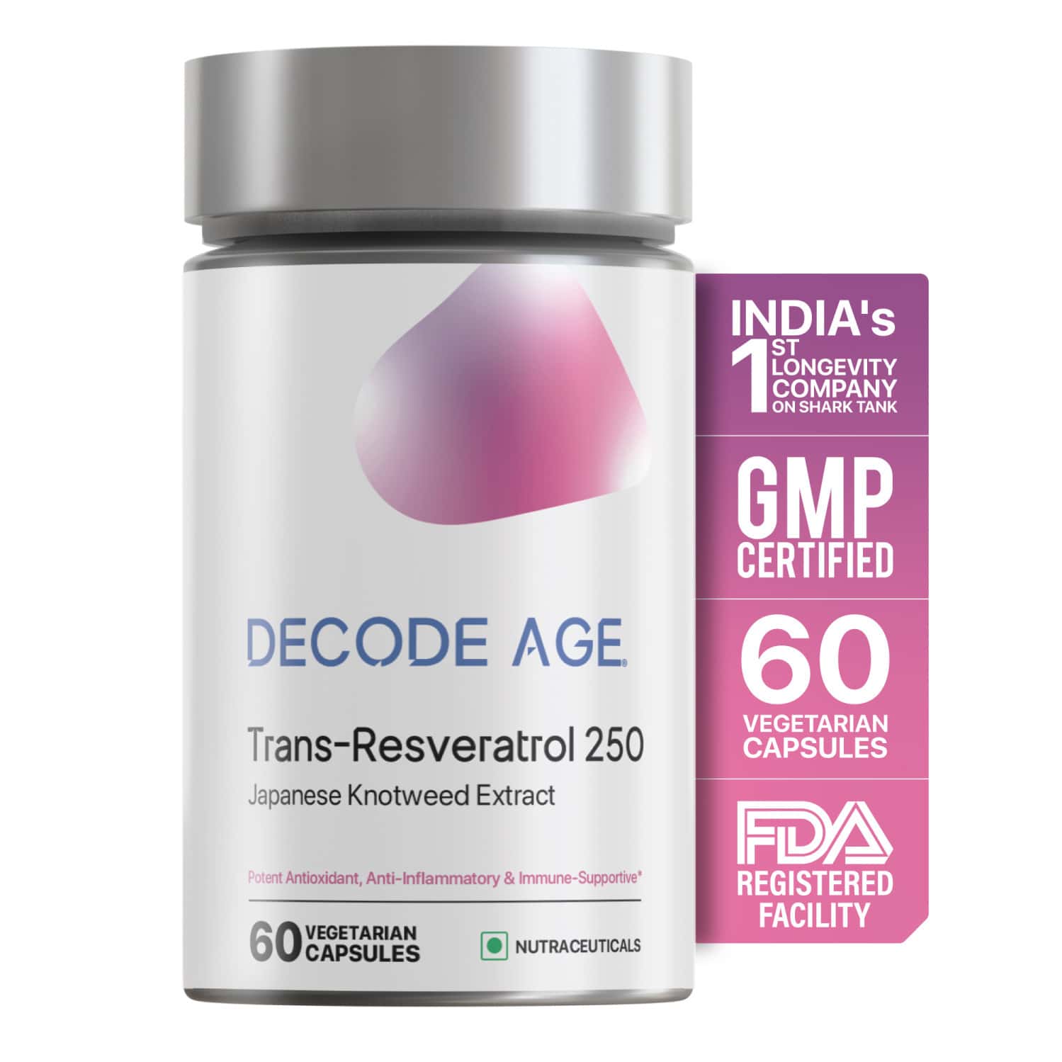 Decode Age Trans Resveratrol Supplement | Powerful Antioxidant | 250mg | 60 Capsules | Veg