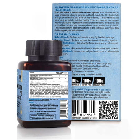 Wow Life Science Multivitamin For Men - With Glycine, Green Tea, Turmeric, Vitamins, 30 Veg Capsules