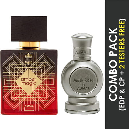 Ajmal Amber Magic Edp 100ml For Men And Rose Cp Musky Alcohol-Free Attar 12ml For Unisex