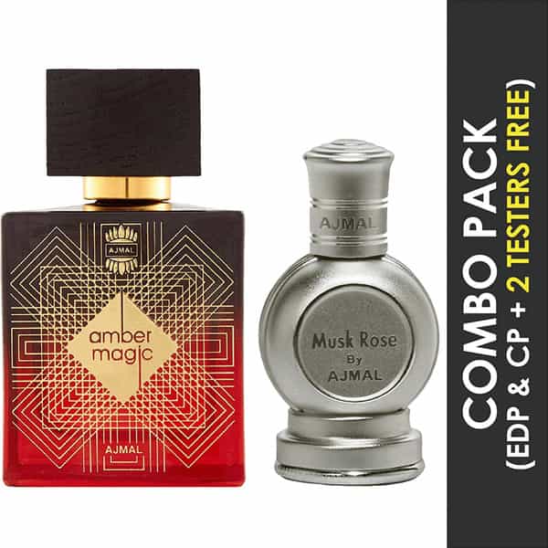 Ajmal Amber Magic Edp 100Ml For Men And Rose Cp Musky Alcohol-Free Attar 12Ml For Unisex