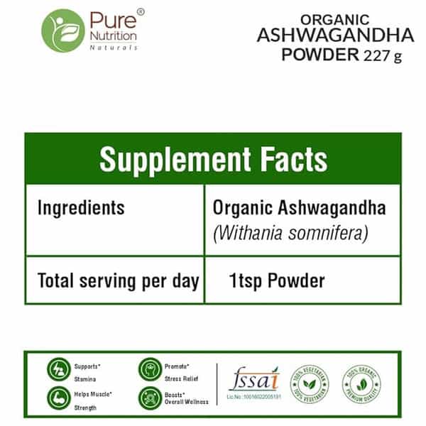 Pure Nutrition Organic Ashwagandha Root Powder | Usda Organic Certified - 227G