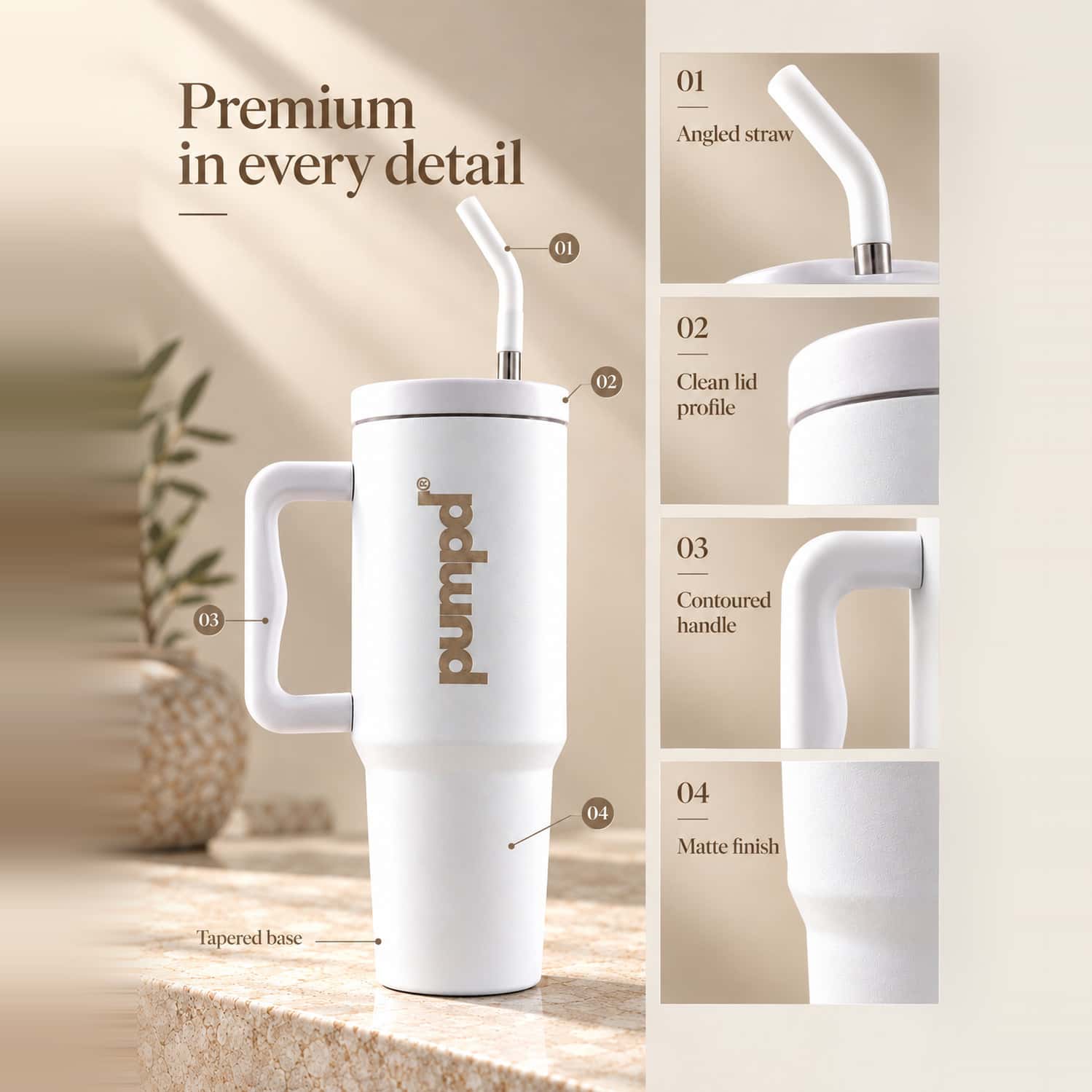 Pumpd Stainless Steel Tumbler With Handle | Lid And Straw | 1200 Ml | White