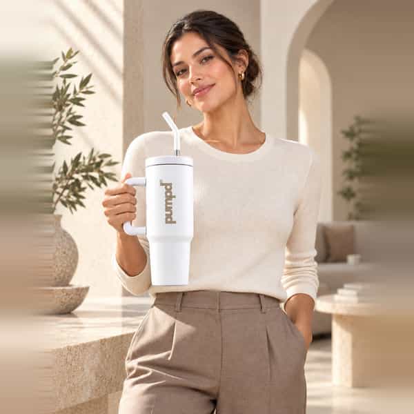 Pumpd Stainless Steel Tumbler With Handle | Lid And Straw | 1200 Ml | White