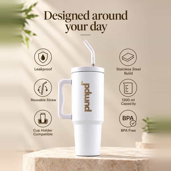 Pumpd Stainless Steel Tumbler With Handle | Lid And Straw | 1200 Ml | White