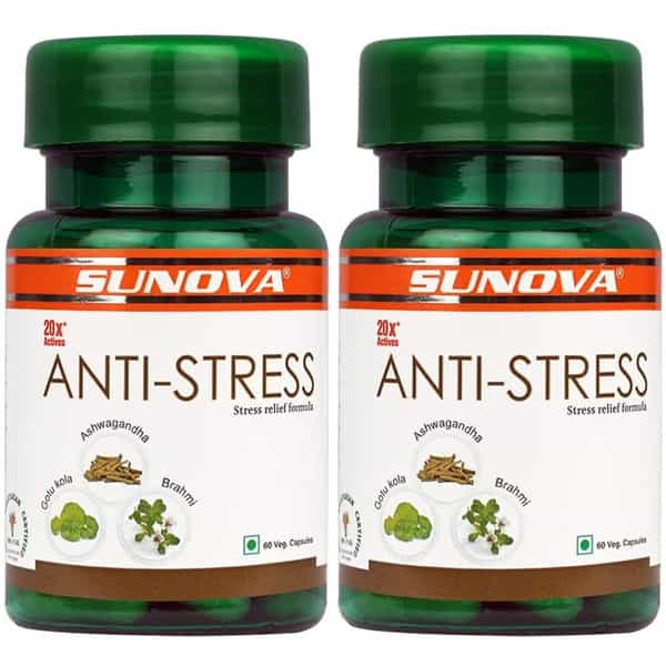 Sunova Anti-Stress Capsules Herbal Stress Relief Ashwagandha Extract | 60 Veg. Capsules X Pack Of 2