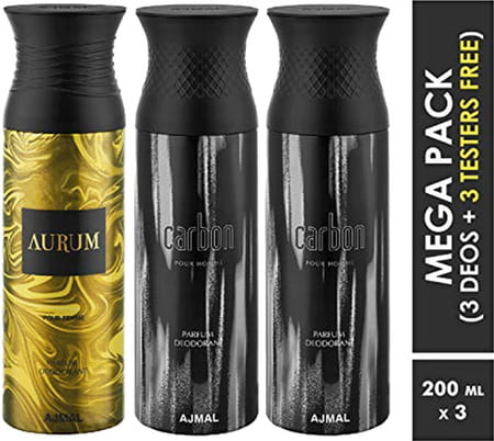 Ajmal Aurum & Carbon & Carbon Deodorant Spray - For Men & Women (200 Ml Pack Of 3)