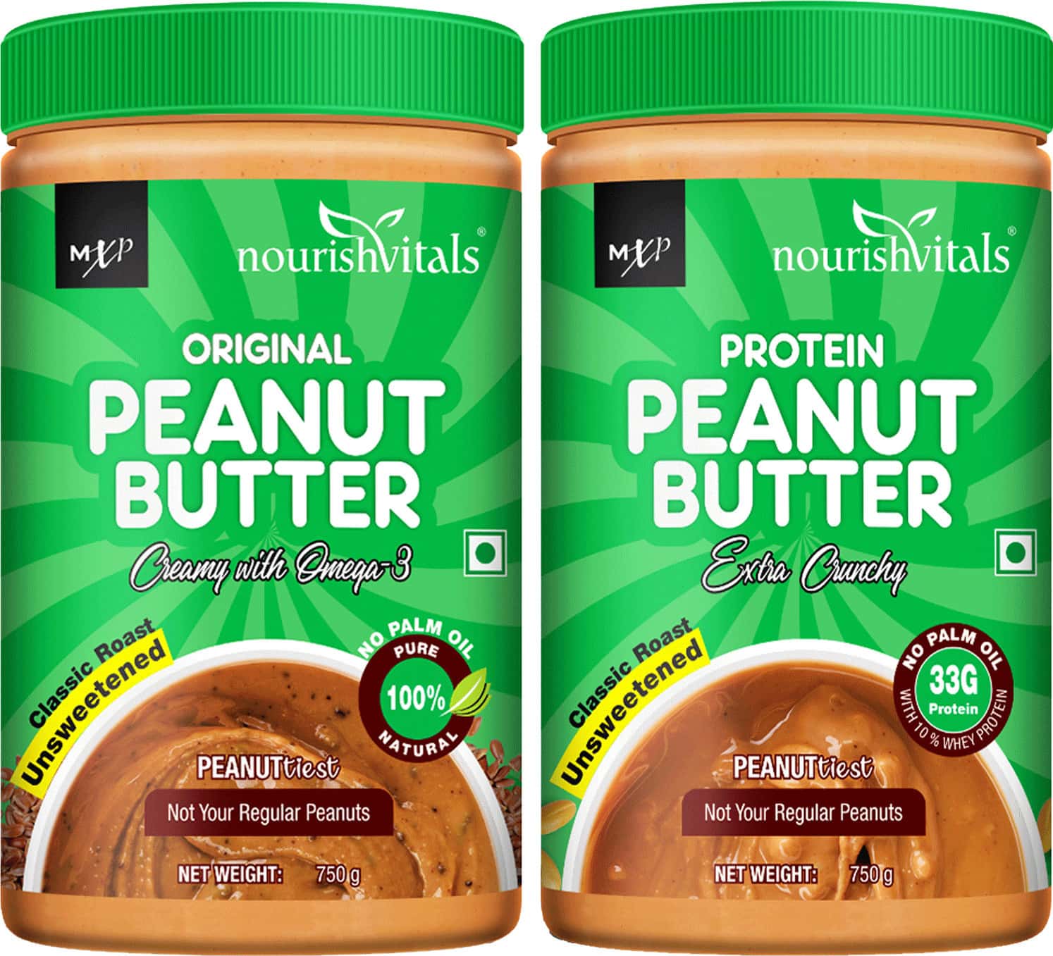 Nourishvitals Irresistibly Tasty Combo High Protein Peanut Butter (Extra Crunchy) (750gm Each)