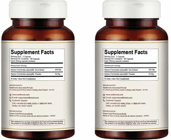 Vedikroots Arjuna 60 Capsules 450 Mg 100% Organic | For Healthy Heart (Pack Of 2)