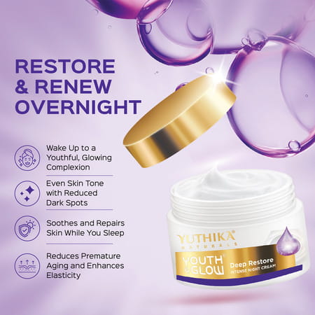 Yuthika Youth & Glow Deep Restore Intense Night Cream | All Skin Types 50G | Dermatologically Tested