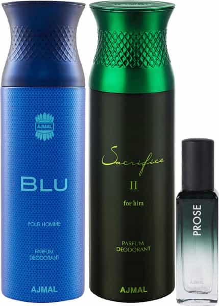 Ajmal Blu & Sacrifice Ii Him Deo Each 200Ml & Prose Edp 20Ml Pack Of 3For Unisex+ 2 Parfum Testers