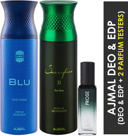 Ajmal Blu & Sacrifice Ii Him Deo Each 200ml & Prose Edp 20ml Pack Of 3for Unisex+ 2 Parfum Testers
