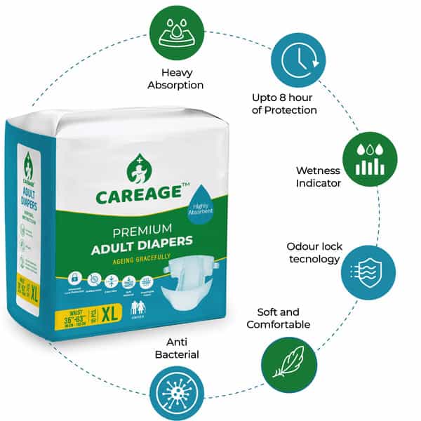 Careage Premium Adult Diaper | Unisex | Waist Size (35-63 Inches) - Xl (10 Pieces)