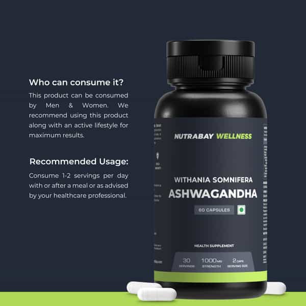 Nutrabay Wellness Ashwagandha Capsules (Withania Somnifera) - 1000Mg 60 Veg Capsules