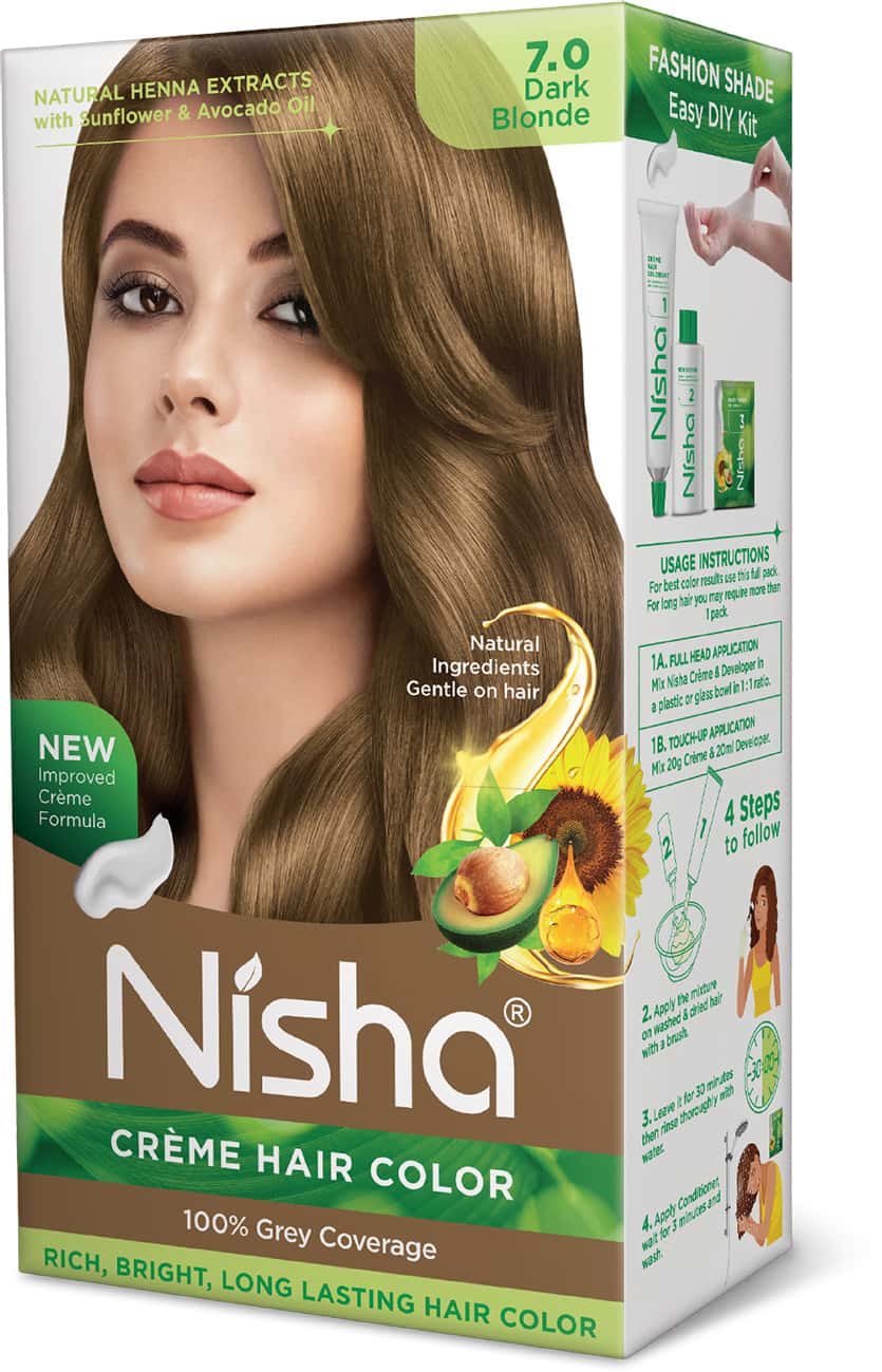 Nisha Creme Hair Color 7.0 Dark Blonde (60gm+90ml+18ml) Permanent Hair Colour With Henna Extract