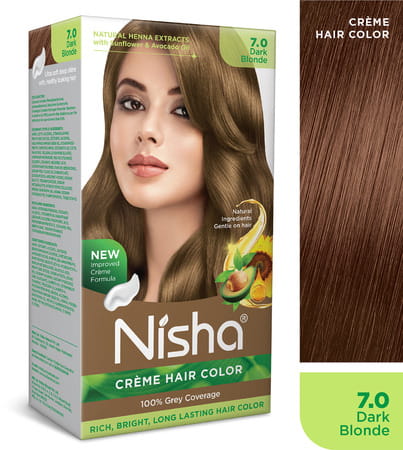 Nisha Creme Hair Color 7.0 Dark Blonde (60gm+90ml+18ml) Permanent Hair Colour With Henna Extract