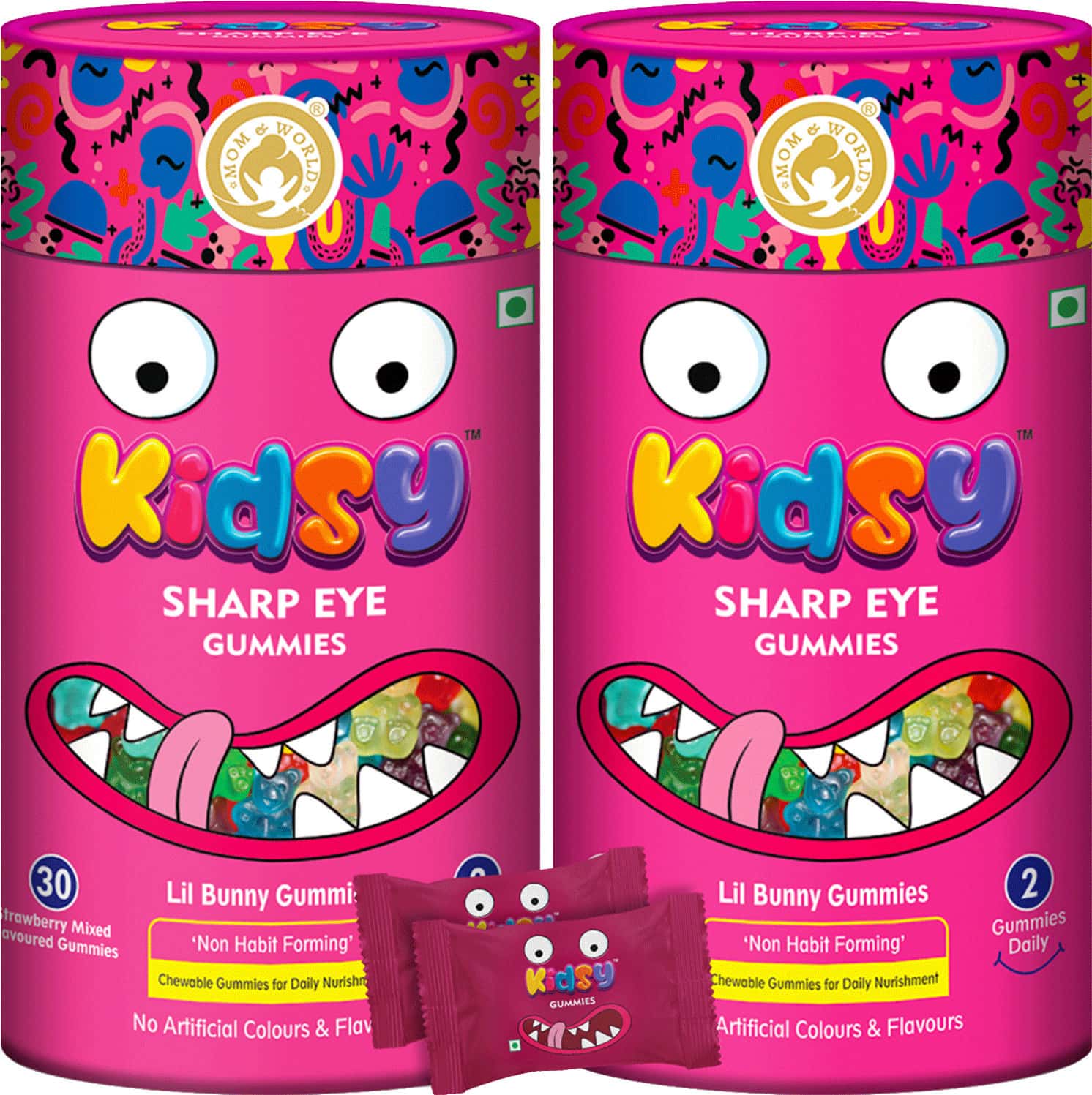 Mom & World Kidsy Sharp Eye Gummies For Kids - 30 (Strawberry Mixed Flavoured) (Pack Of 2)