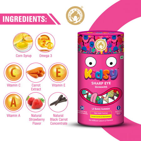 Mom & World Kidsy Sharp Eye Gummies For Kids - 30 (Strawberry Mixed Flavoured) (Pack Of 2)