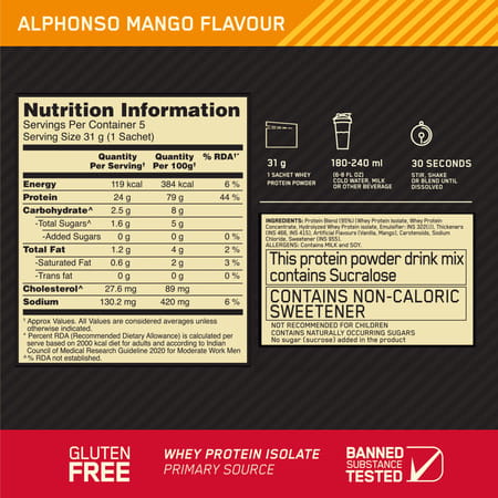 Optimum Nutrition Gold Standard 100% Whey Alphonso Mango Flavour Sachets (5 * 31g) 155 Gm