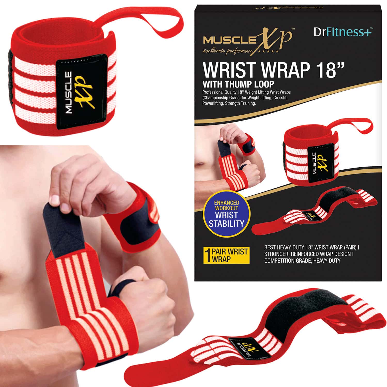 Musclexp Drfitness+ Wrist Band 18" With Thumb Loop Support Strength Training (red & White)
