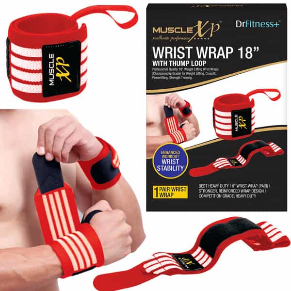 Musclexp Drfitness+ Wrist Band 18" With Thumb Loop Support Strength Training (Red & White)