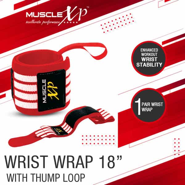 Musclexp Drfitness+ Wrist Band 18" With Thumb Loop Support Strength Training (Red & White)