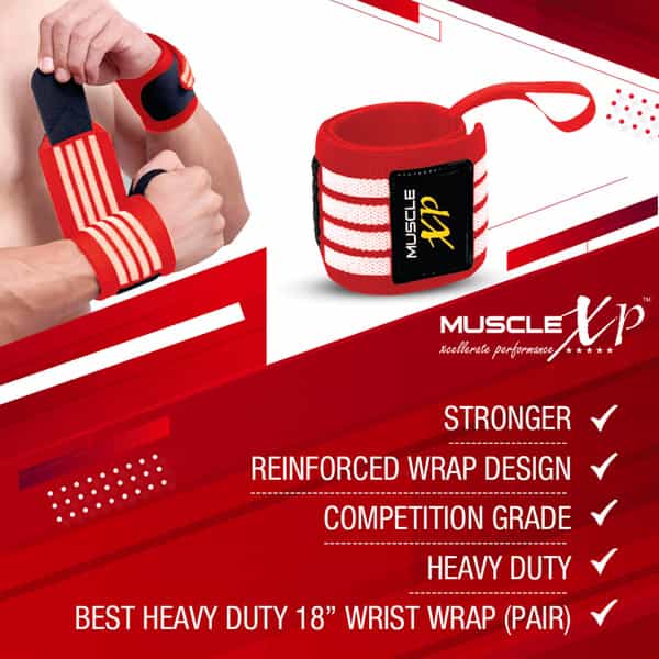 Musclexp Drfitness+ Wrist Band 18" With Thumb Loop Support Strength Training (Red & White)