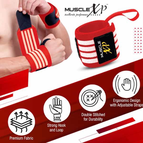 Musclexp Drfitness+ Wrist Band 18" With Thumb Loop Support Strength Training (Red & White)