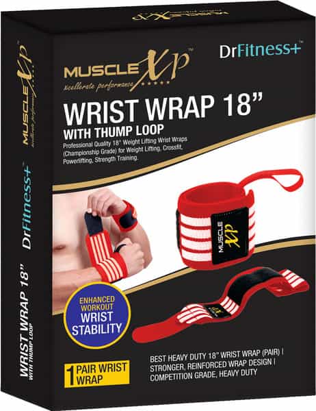 Musclexp Drfitness+ Wrist Band 18" With Thumb Loop Support Strength Training (Red & White)