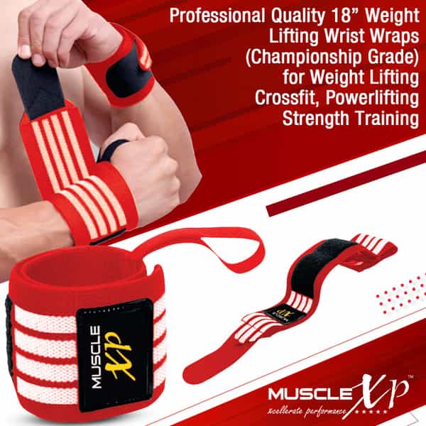 Musclexp Drfitness+ Wrist Band 18" With Thumb Loop Support Strength Training (Red & White)