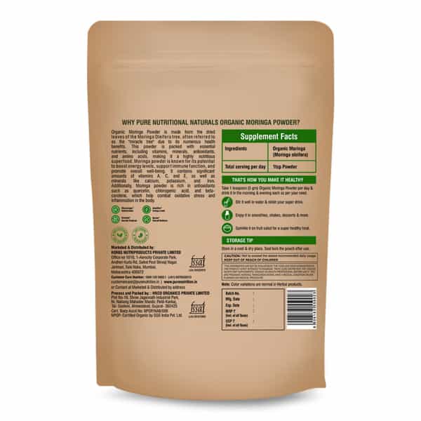 Pure Nutrition Organic Moringa Powder (Moringa Oleifera) | Usda Organic Certified - 227G